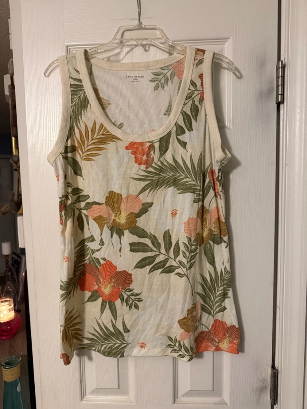 Lane Bryant Cream Floral Scoop Neck Tank with Green and Coral Leaves